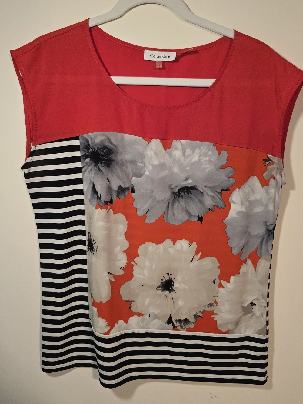 Calvin Klein Orange Floral Panel & Black-White Stripe Cap Sleeve Top